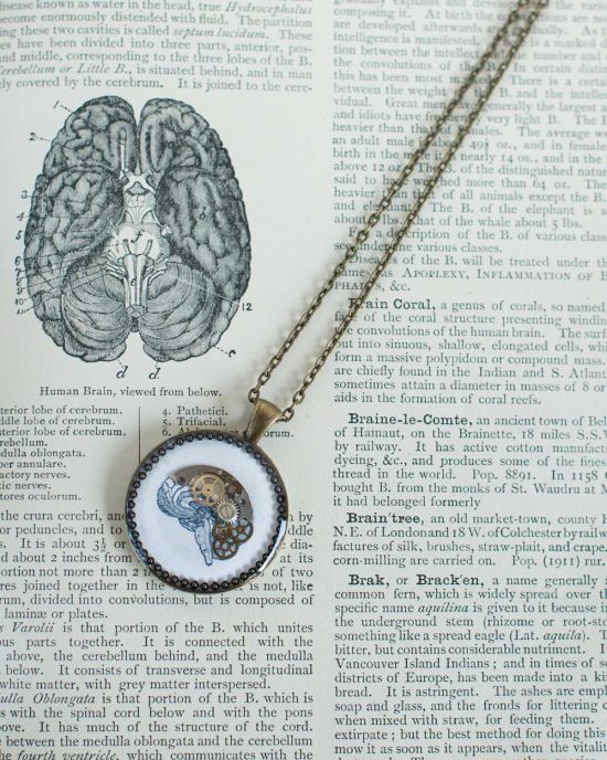 silver steampunk necklace featuring a photo of anatomical brain and vintage watch parts