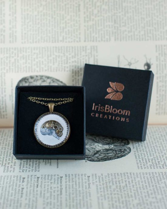 silver steampunk necklace featuring a photo of anatomical brain and vintage watch parts with jewellery box