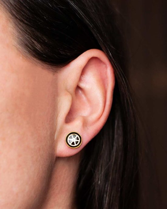 Gold Elemental earrings worn on ear, 8mm