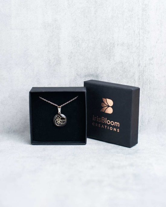 Unique steampunk necklace with genuine watch mechanisms in silver