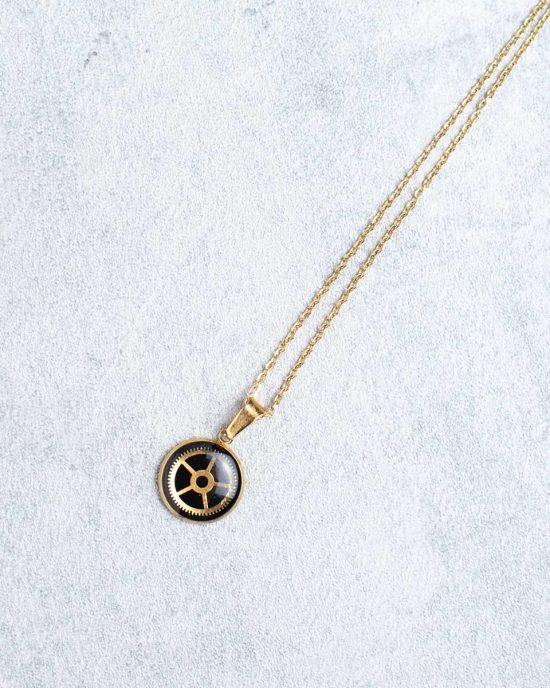 Unique, handmade minimalist steampunk necklace in gold, stainless steel, 14mm